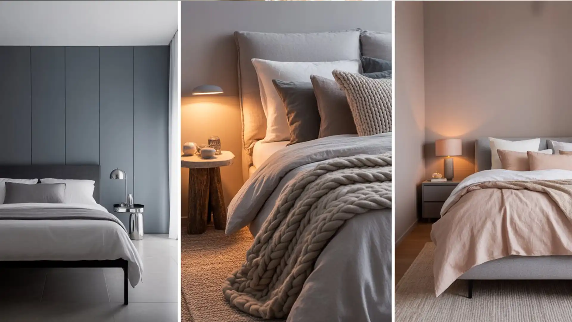 A welcoming guest bedroom painted in warm greige with blush pink accents.