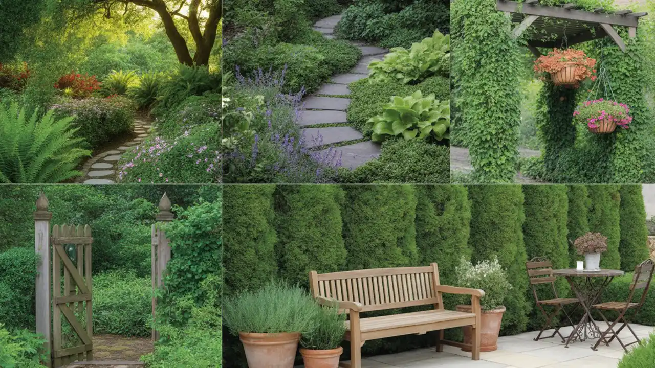 Curved stepping stone path disappearing into thick garden greenery