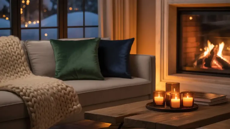 Cozy living room with a fireplace, knit blankets, and warm candles