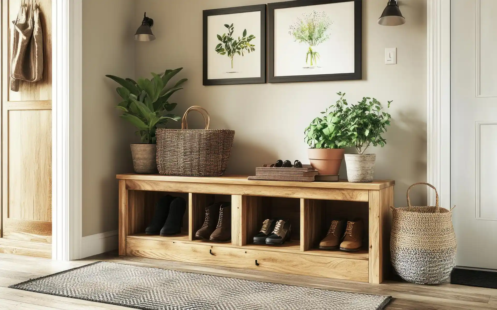 Set of three woven seagrass baskets tucked under an entryway bench