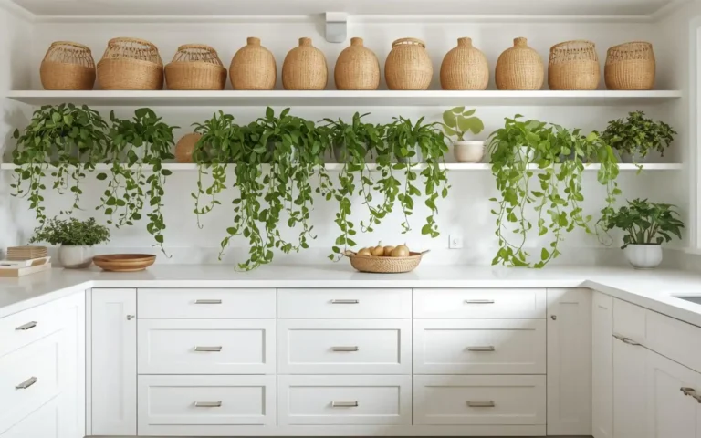 Stylish kitchen with woven baskets and plants on top of white cabinets
