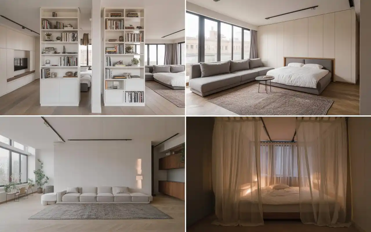 Sofa with its back against a bed in a small studio apartment