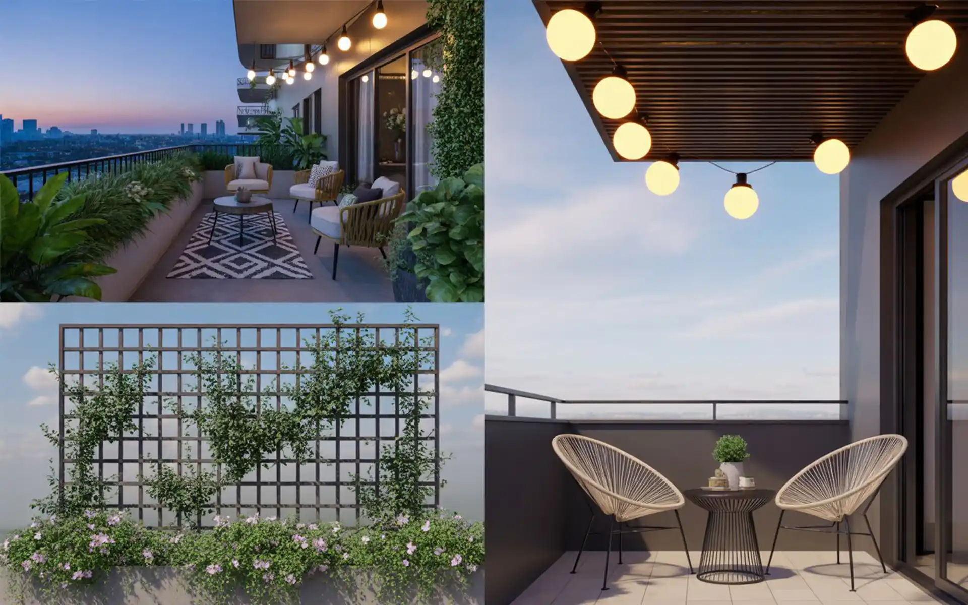 Two white Acapulco chairs on a small balcony with a round table