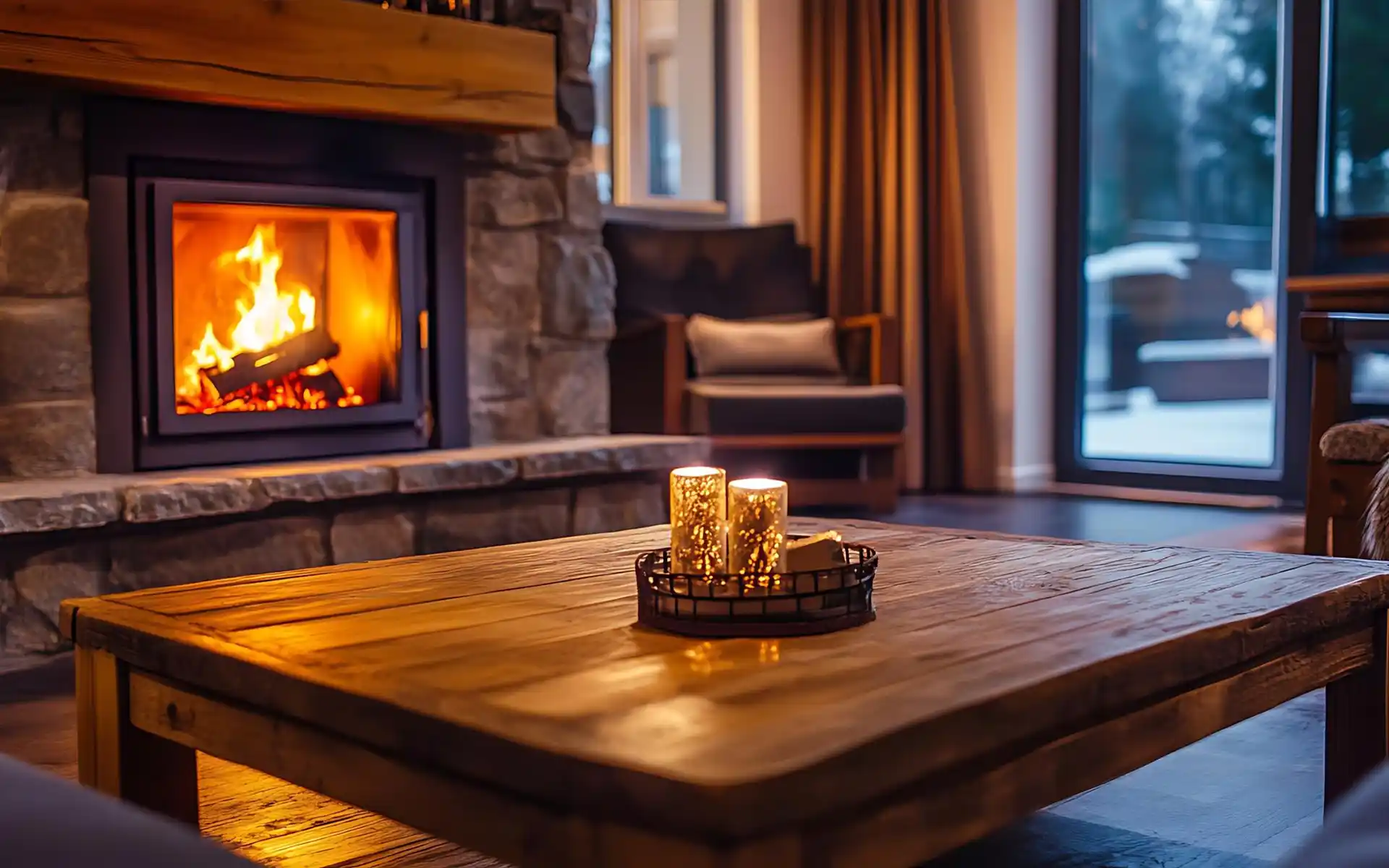 Small propane fire table glowing on a cozy balcony at night