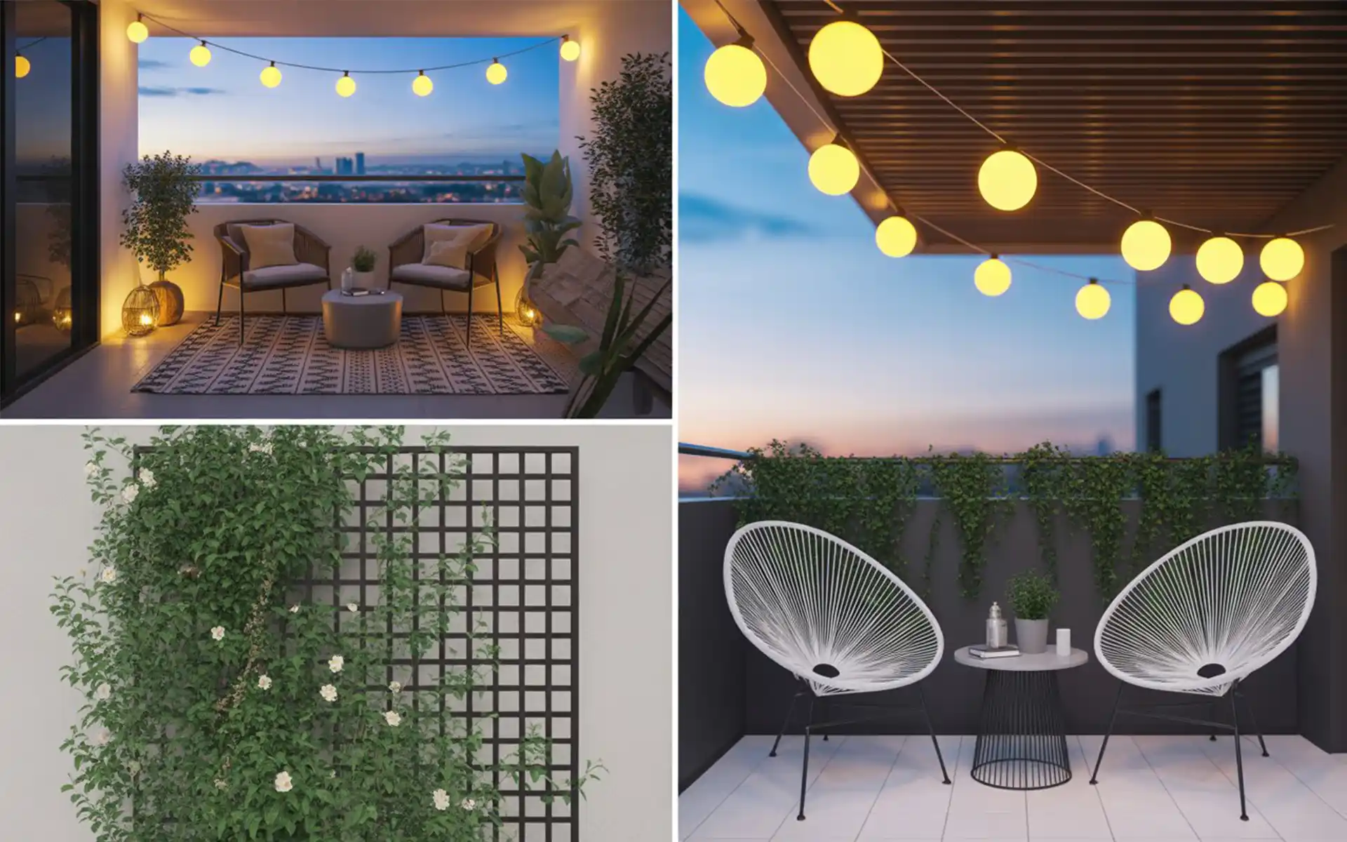 Warm globe string lights draped across a wooden balcony ceiling