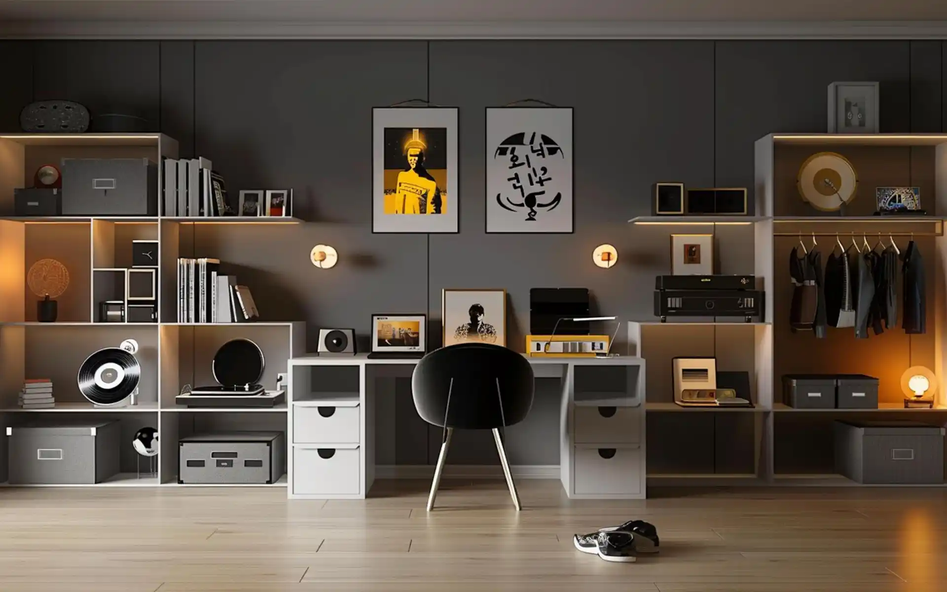 Small closet converted into a functional home office with shelves