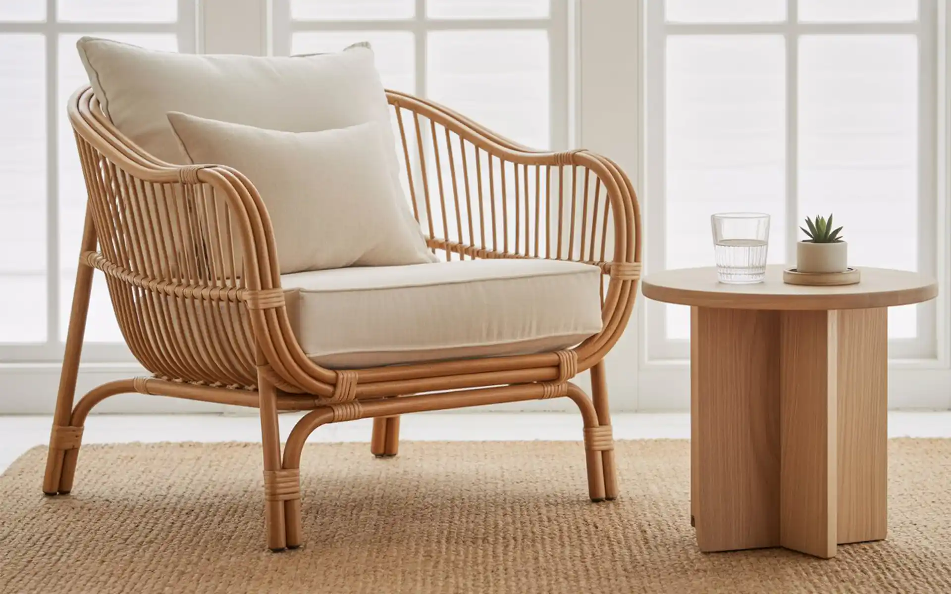 Close-up of a white linen sofa with a textured blue throw blanket