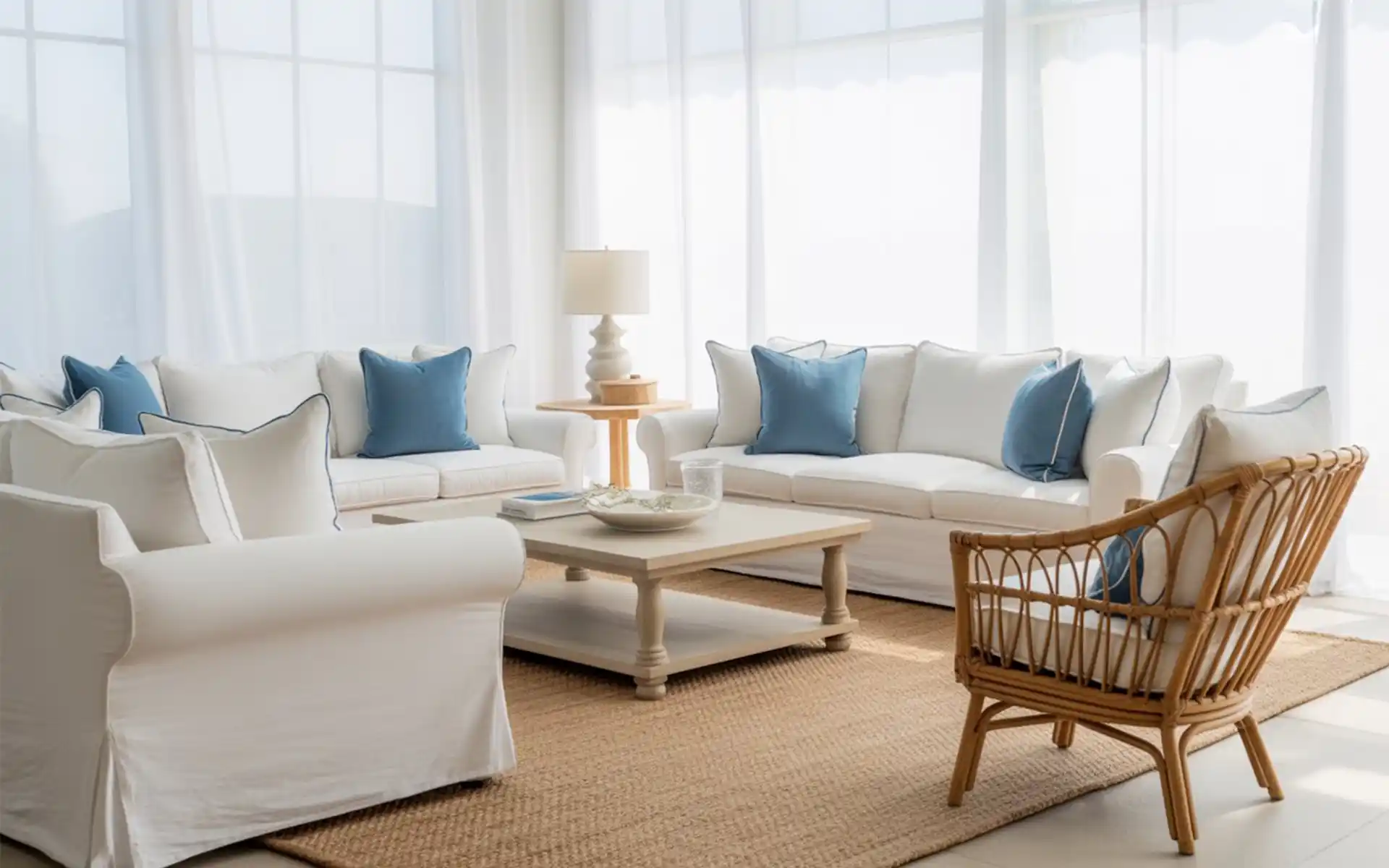 Rattan side chair and a jute rug in a coastal living room