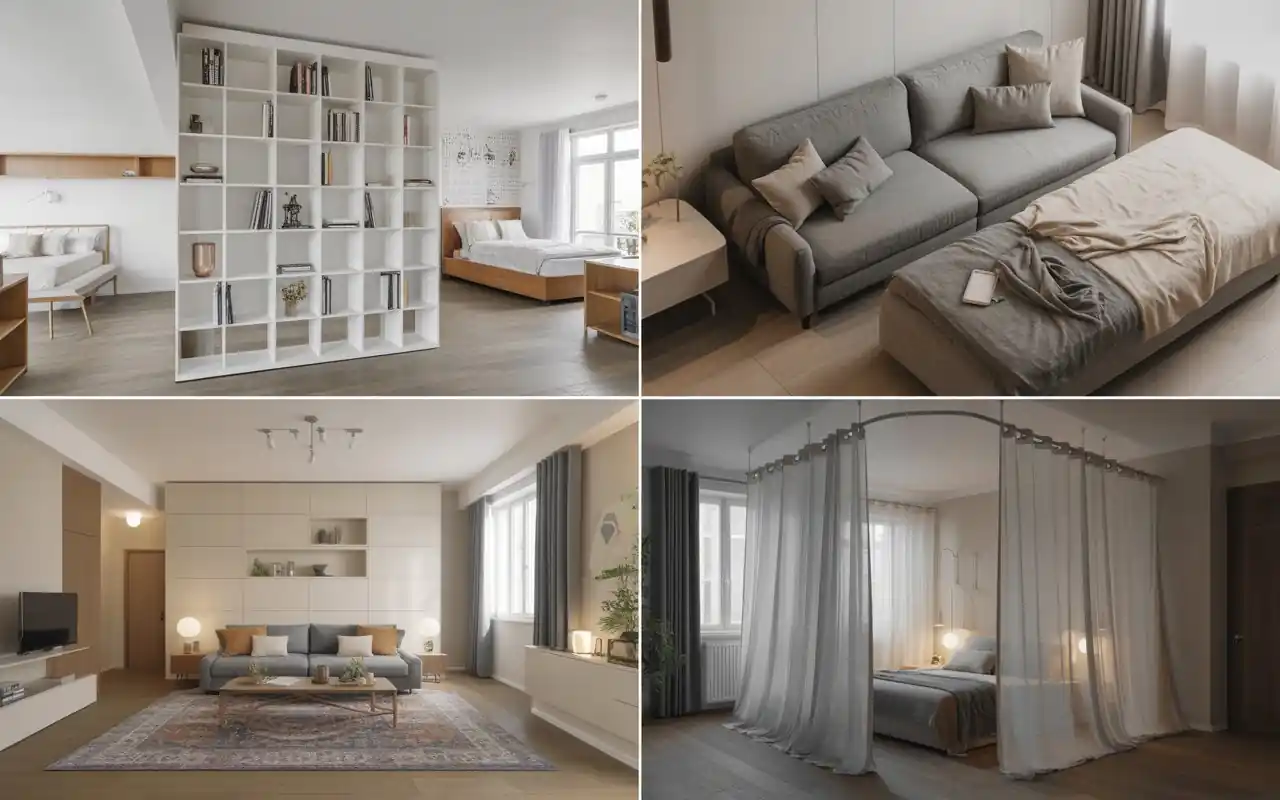 Bed surrounded by sheer white curtains in a studio apartment