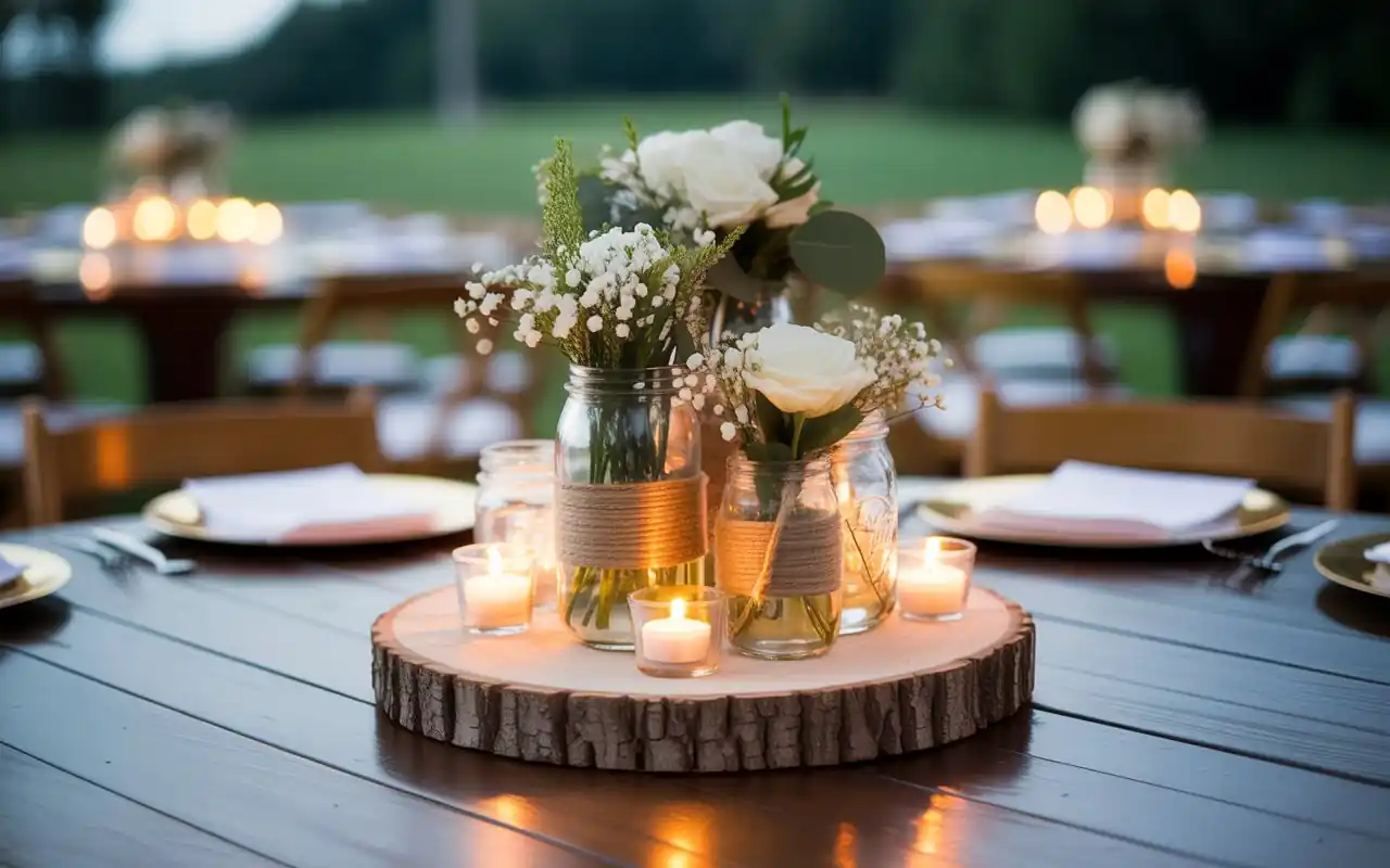Low glass bowl with floating candles and a wreath of eucalyptus