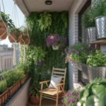 Lush balcony filled with various hanging plants in macramé and metal pots