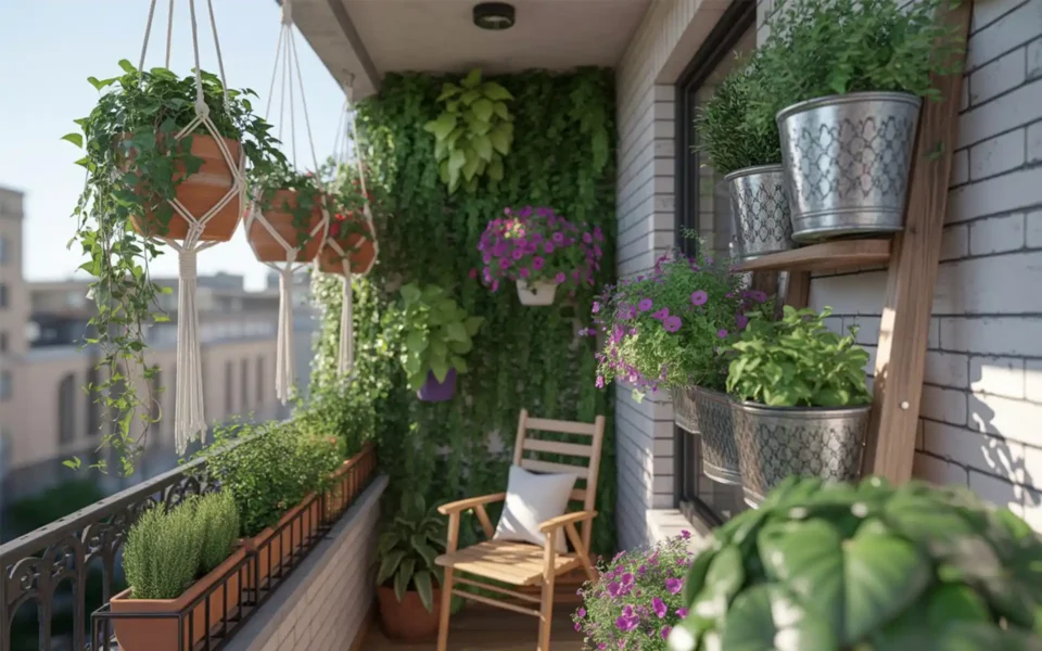 Lush balcony filled with various hanging plants in macramé and metal pots