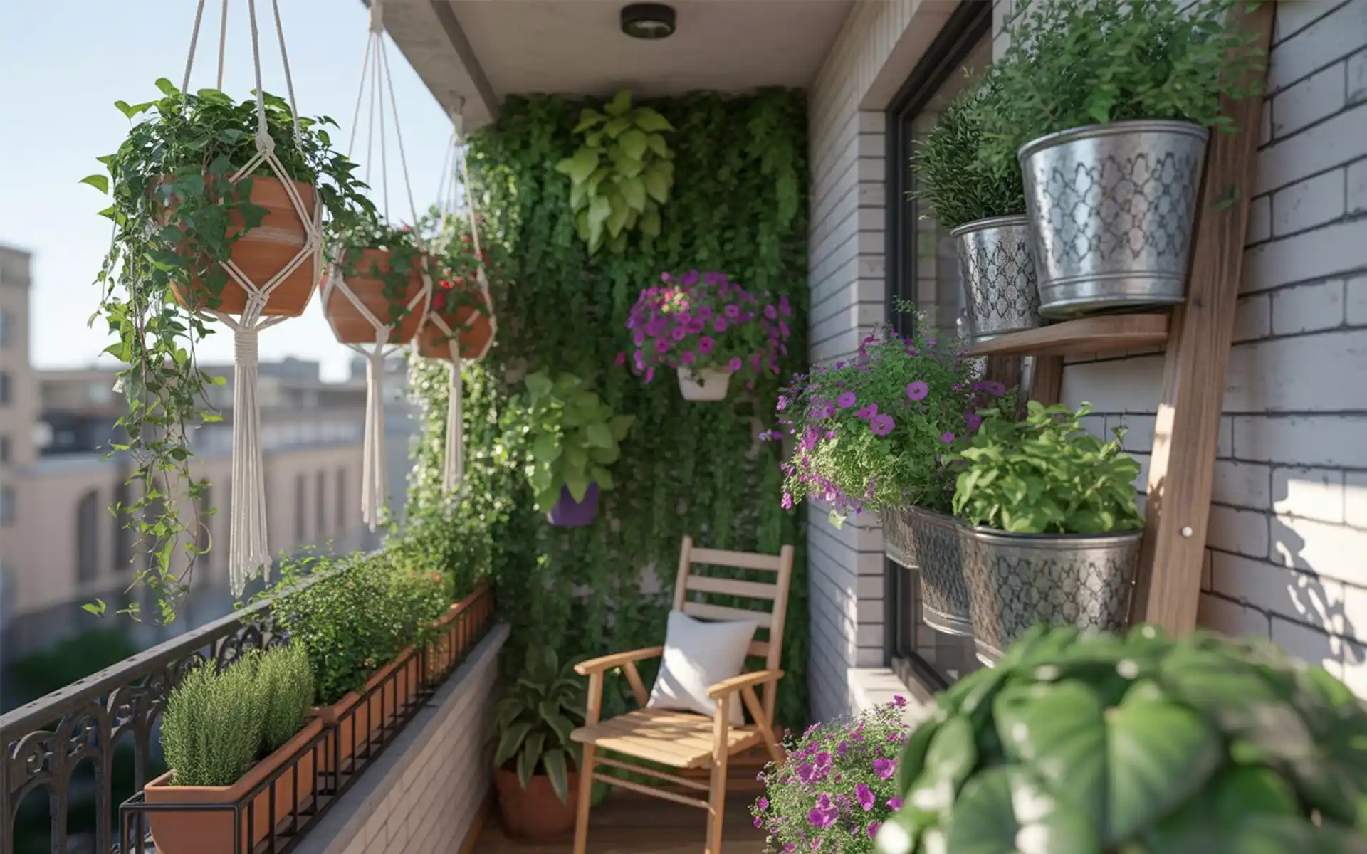 Lush balcony filled with various hanging plants in macramé and metal pots