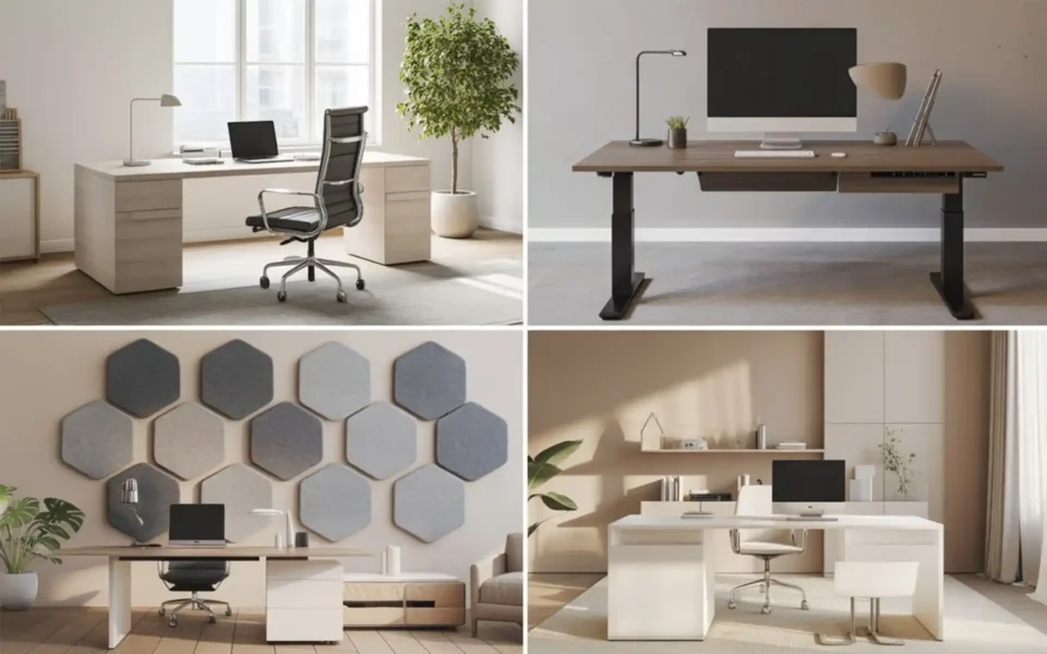 Modern home office with a large desk, ergonomic chair, and natural light