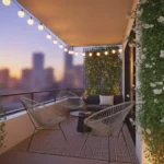 Modern balcony with a cozy rug, string lights, and small table set