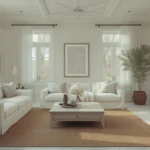 Serene neutral coastal living room with white linen sofa and jute rug
