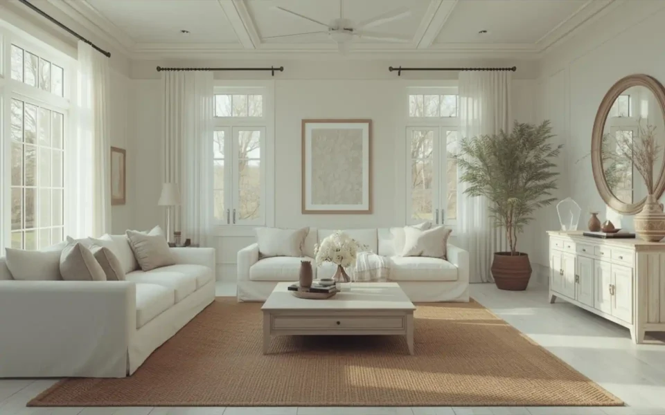 Serene neutral coastal living room with white linen sofa and jute rug