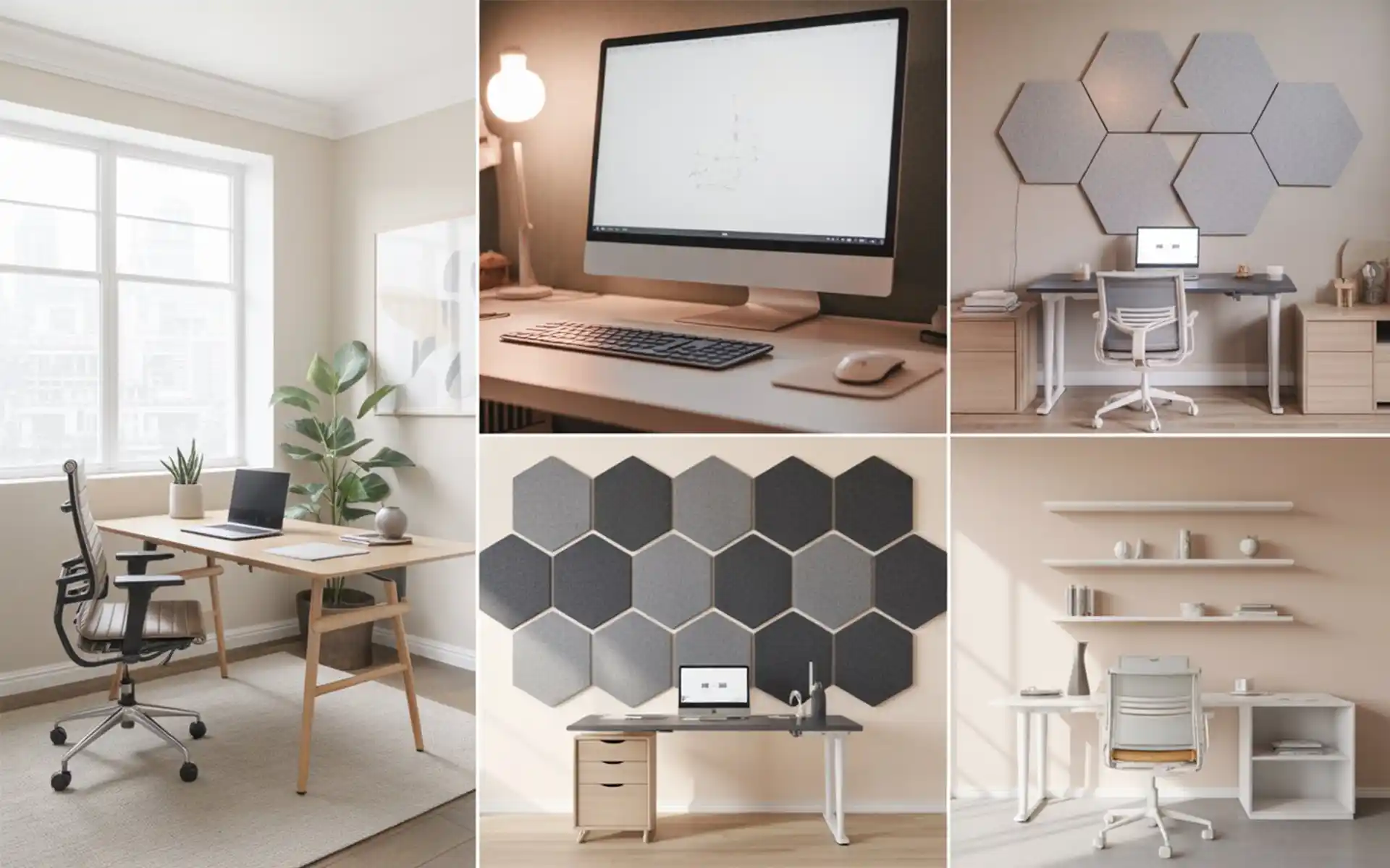 Office with soft grey walls and minimalist white furniture