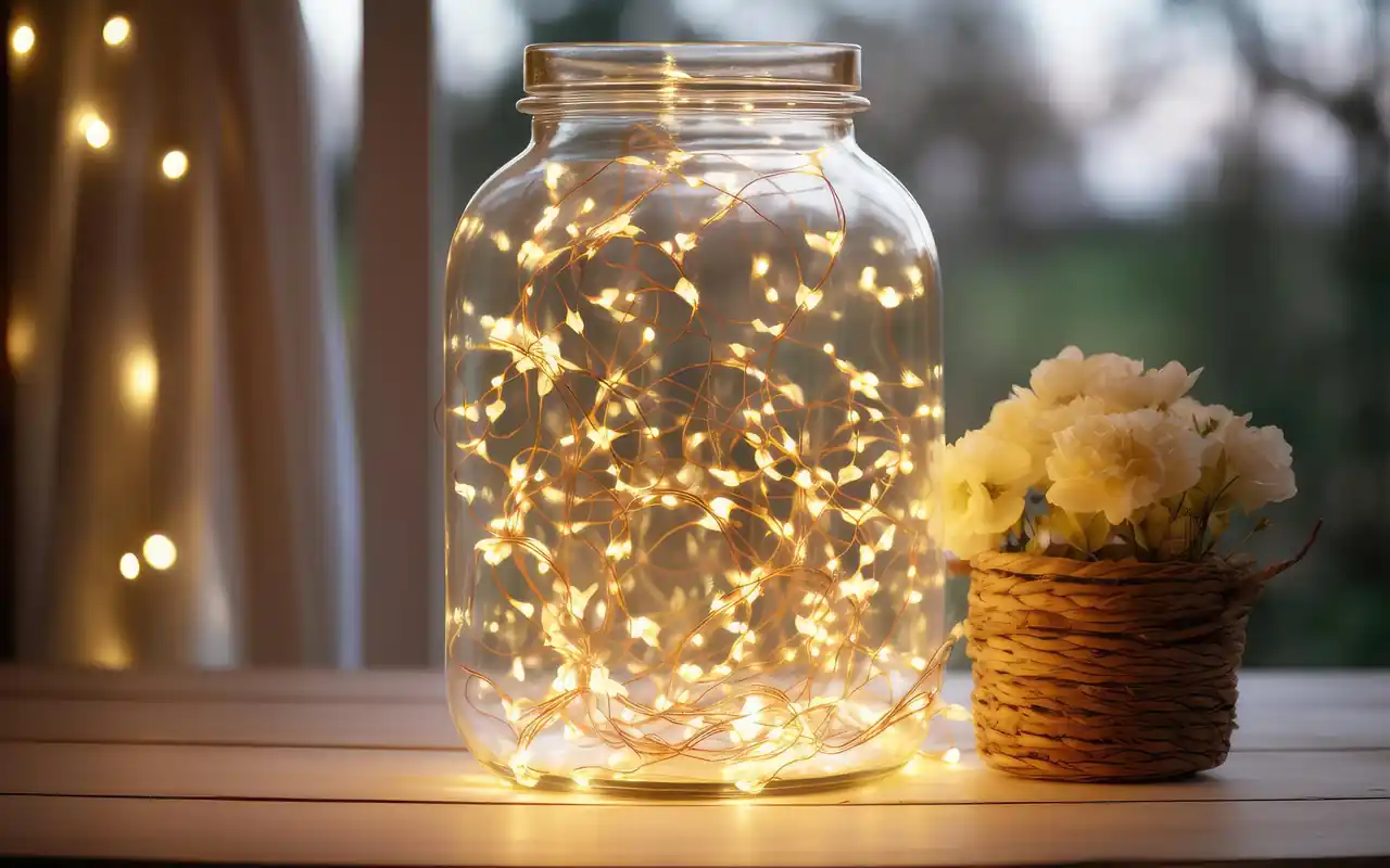 Glass jar with fairy lights and a polaroid photo clipped to the side