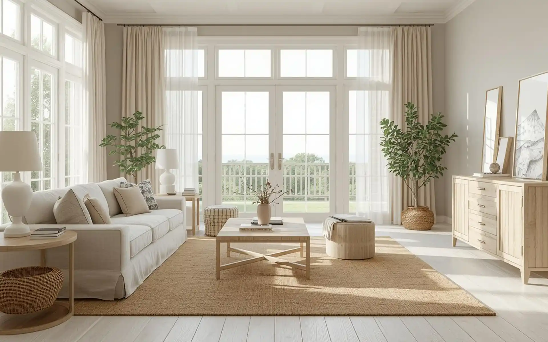 White sheer linen curtains blowing in a light breeze next to a window