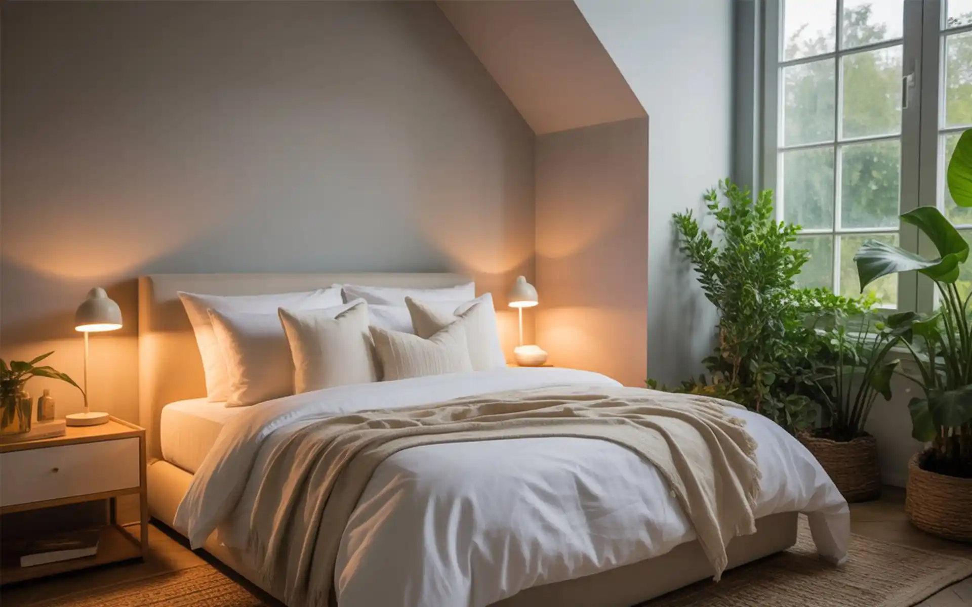 Black modern wall sconces over a minimalist nightstand in a bedroom