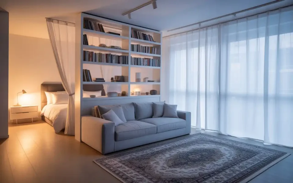 Modern studio apartment with a bookshelf divider and defined living zones