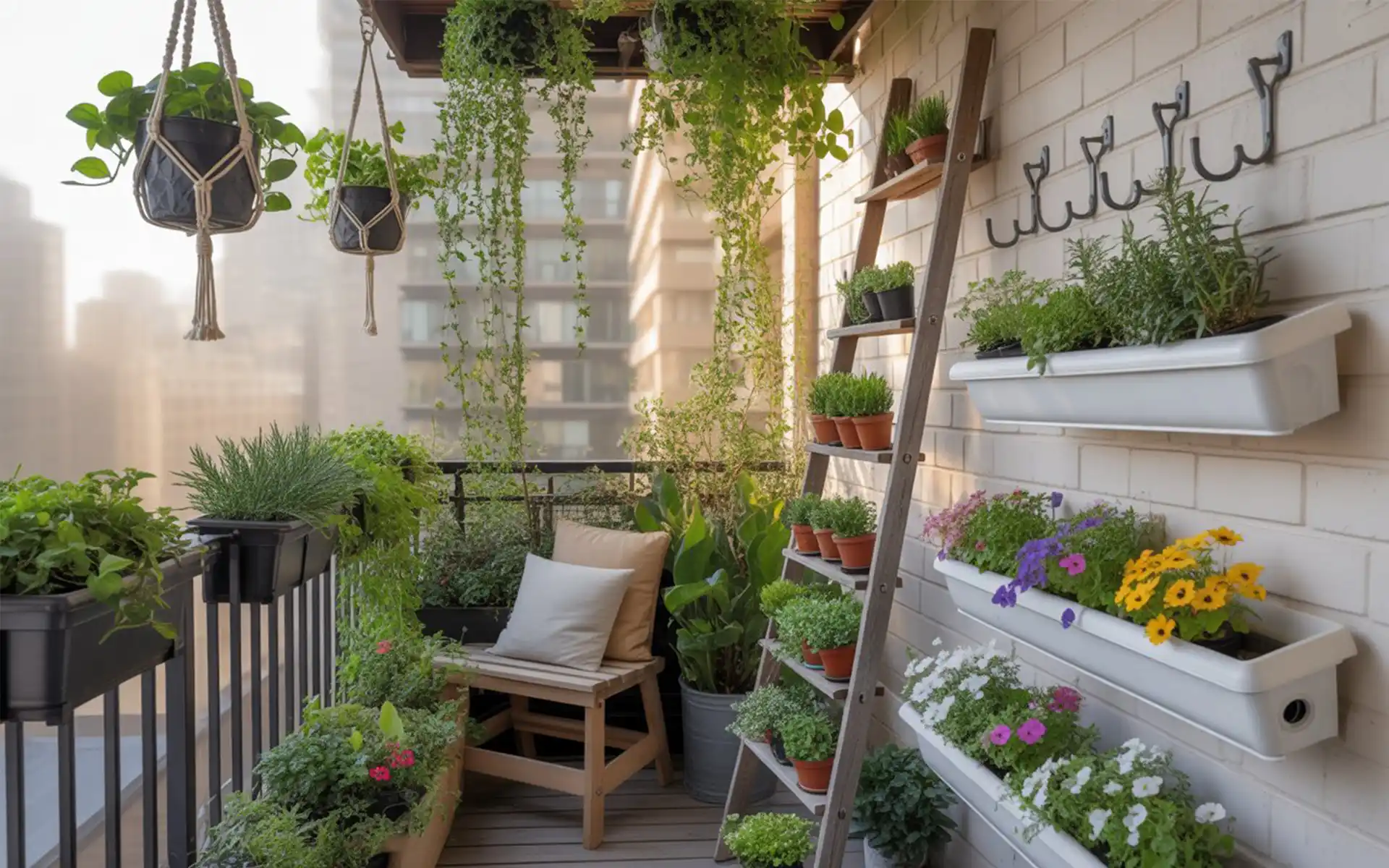 Wooden ladder leaning against a wall with small pots of herbs hanging from S-hooks